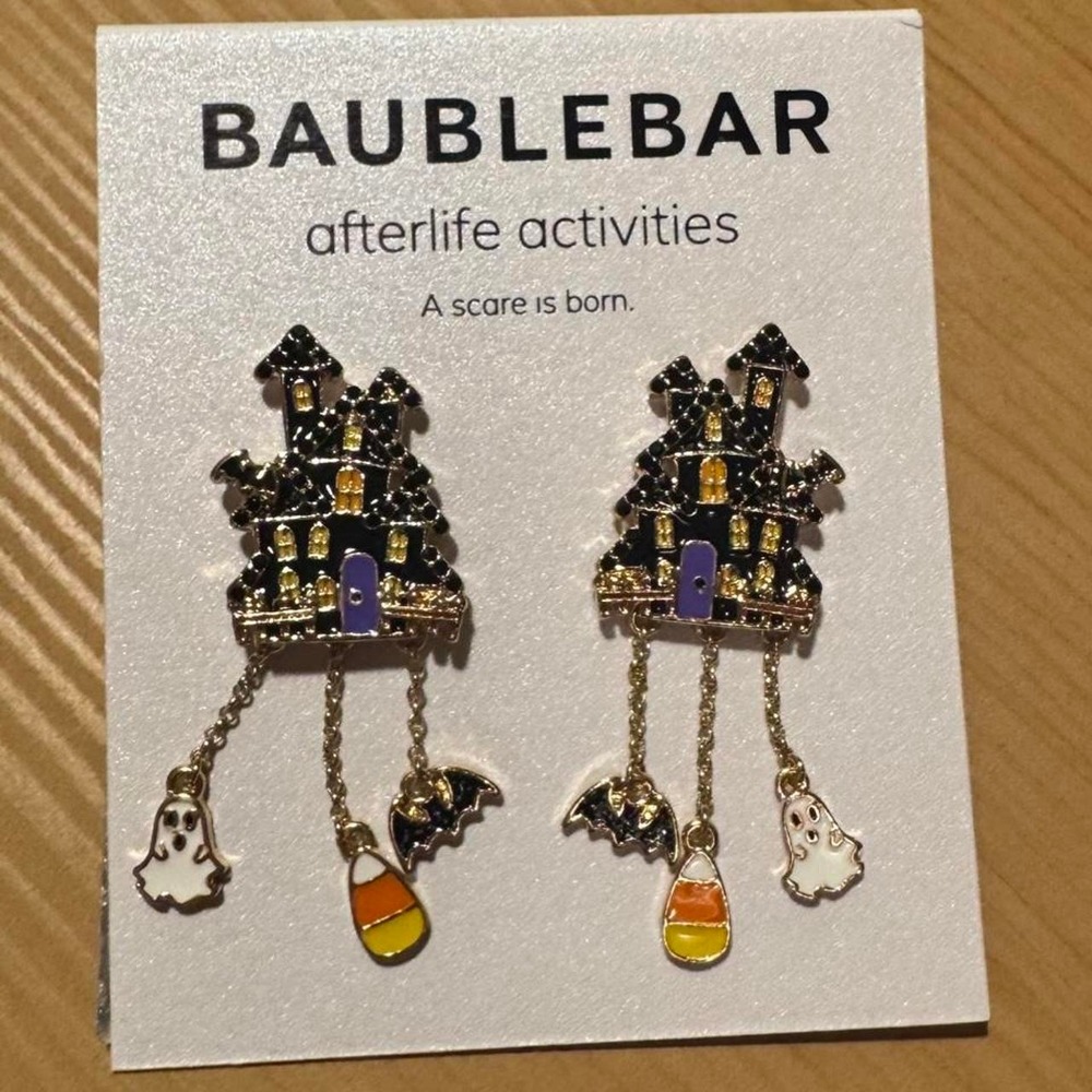 BaubleBar Afterlife Activities Haunted House Halloween Dangle Earrings Ghost Bat